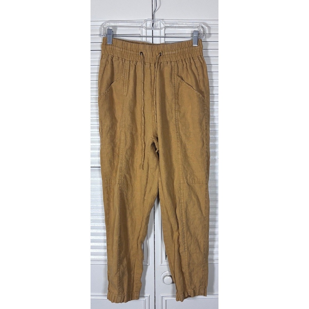 Cottonworld Mustard Linen Cropped Pants Elastic‎ Waist Size M Pull On Coastal